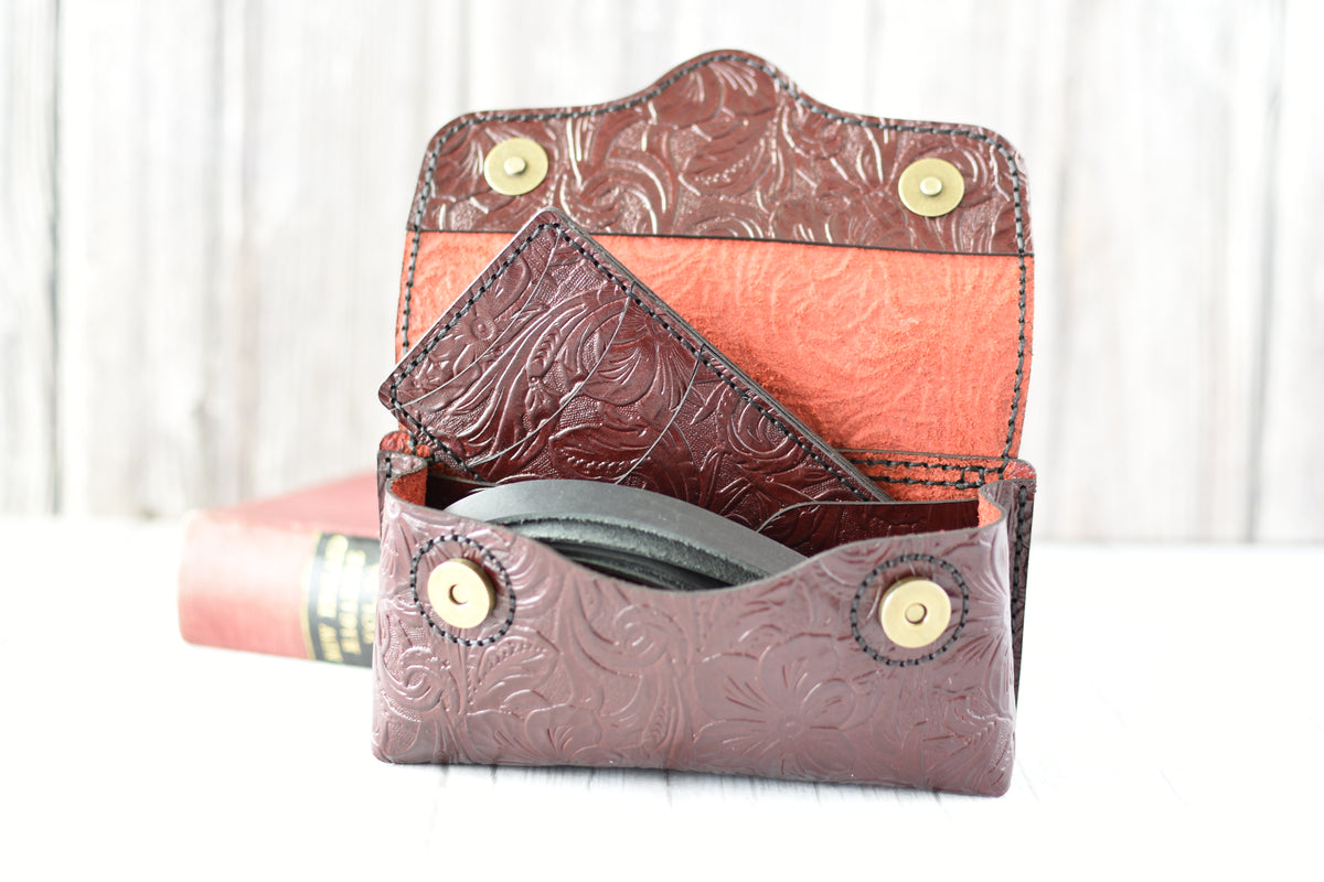 Burgundy Hand-Tooled Cell Phone Purse